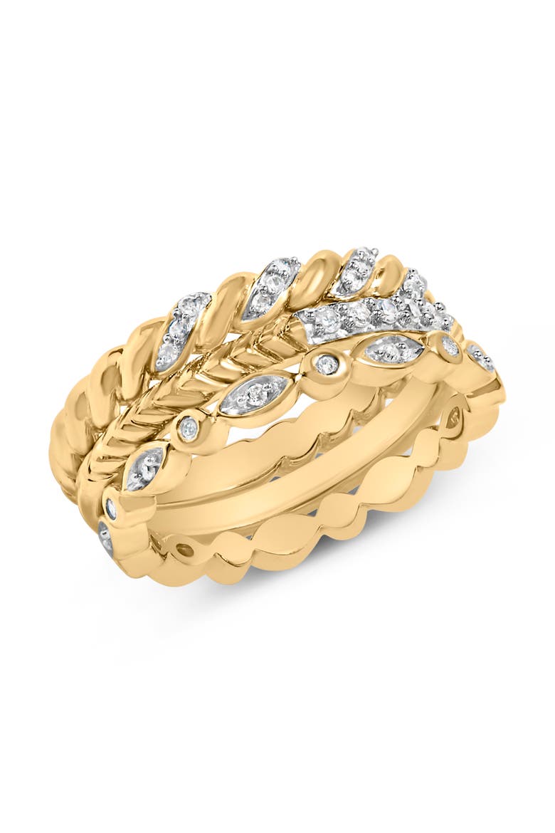 14K Yellow Gold Plated Sterling Silver 1/4 Cttw Diamond Twist Leaf Stackable Ring Set, Alternate, color, Yellow Gold over Silver