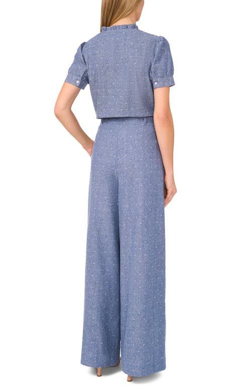 Shop Cece Ruffle Trim Chambray Button-up Top In Niagara Blue