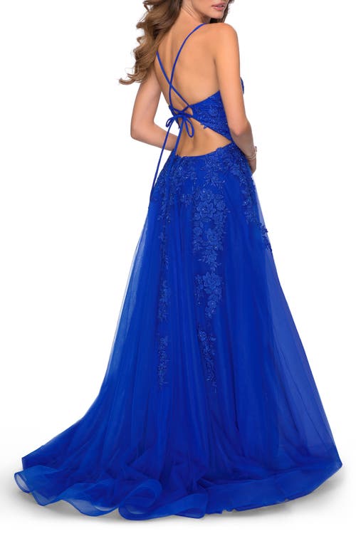 La Femme Tulle Prom Dress With Floral Detail And Side Slit In Blue