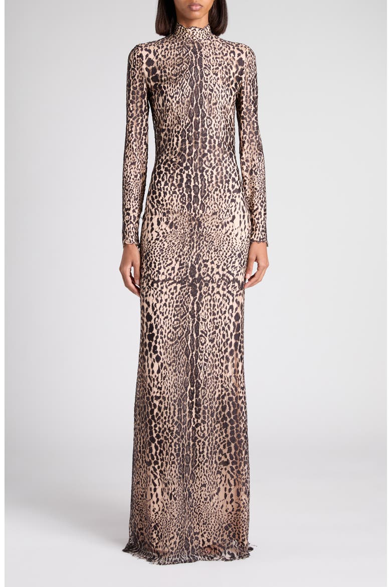 Leopard Print Long Sleeve Lace Gown, Main, color, XKBDP BROWN/ ANTIQUE PINK