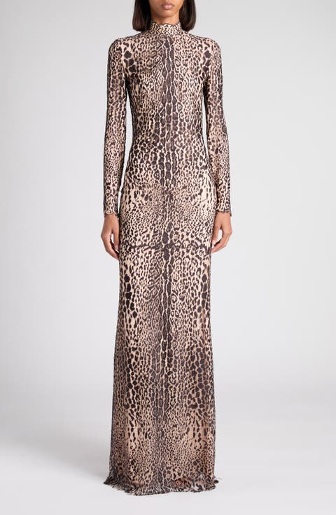 Leopard Print Long Sleeve Lace Gown