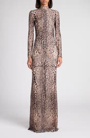 TOM FORD Leopard Print Long Sleeve Lace Gown