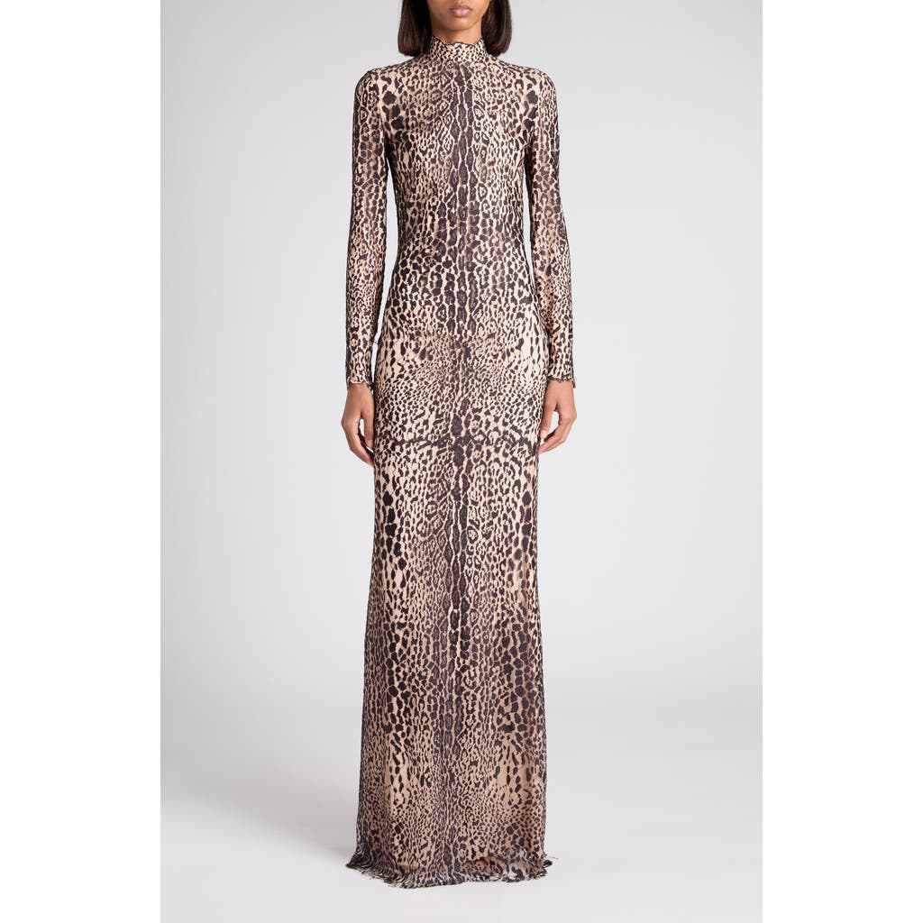 Tom Ford Leopard Lace Mock-neck Evening Dress In Brown