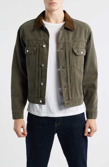 Frame Cotton Canvas Trucker Jacket In Antique Dark Olive