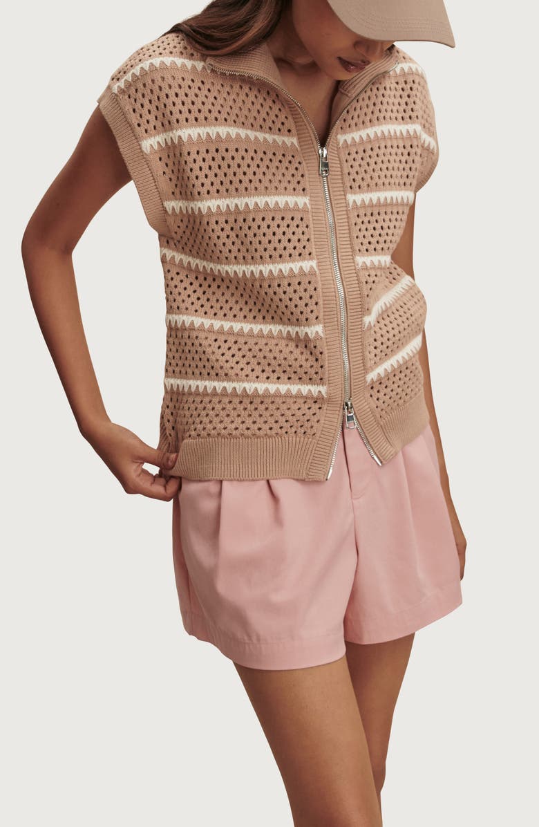 Varley Haney Stripe Pointelle Knit Zip Front Sweatshirt, Alternate, color, Light Taupe
