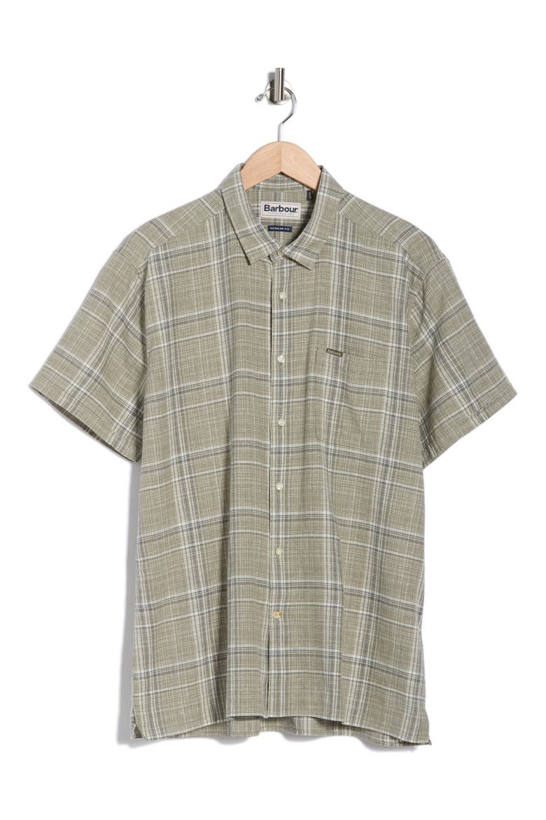 Coldingham Regular Fit Windowpane Short Sleeve Linen & Cotton Button-Up Shirt, Alternate, color, LIGHT MOSS
