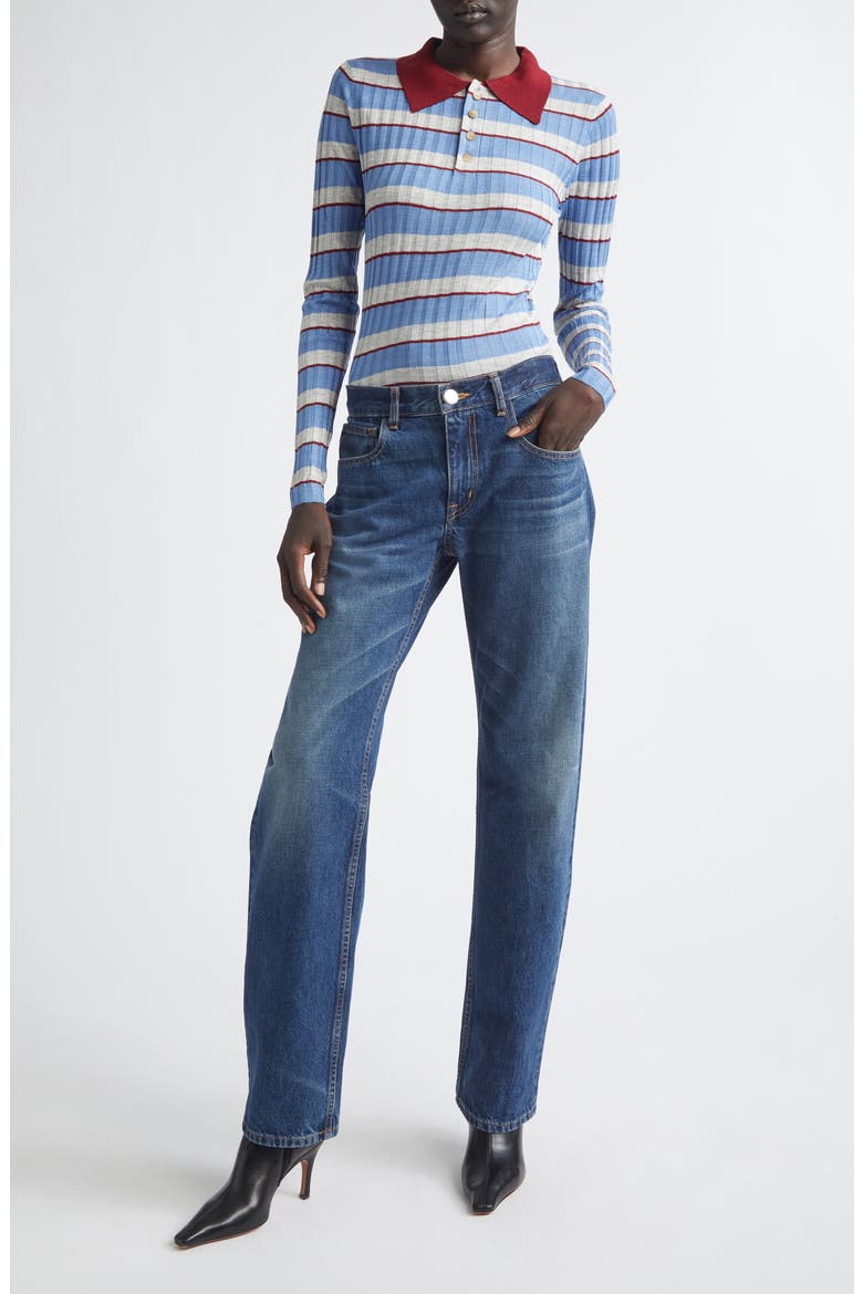 The Joni Stripe Rib Silk & Cashmere Polo Sweater, Alternate, color, BLUE STRIPE