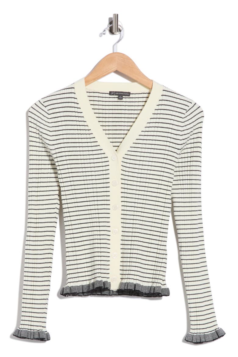 Striped Ruffle Cuff Cardigan, Main, color, CREAM/ BLACK
