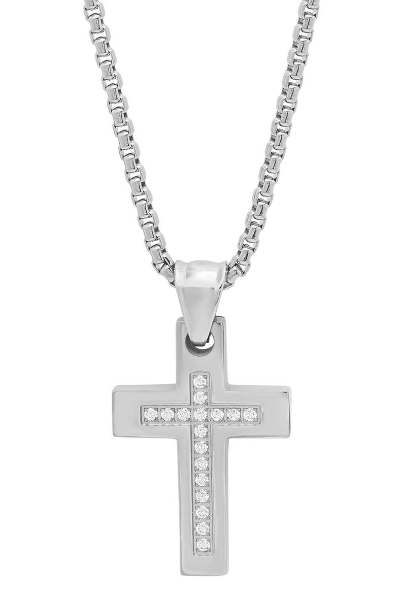 Men's Stainless Steel Simulated Diamond Cross Pendant Necklace, Main, color, SILVER