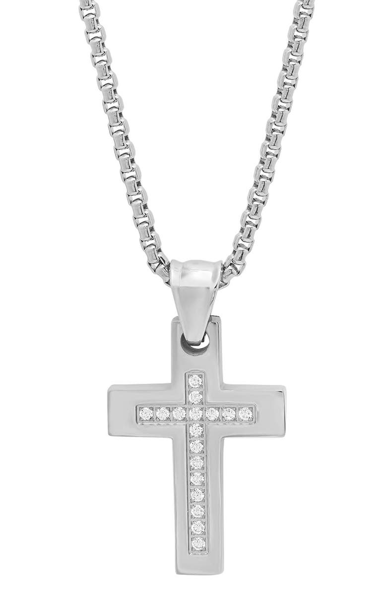STEELTIME Men's Stainless Steel Simulated Diamond Cross Pendant Necklace, Main, color, Silver