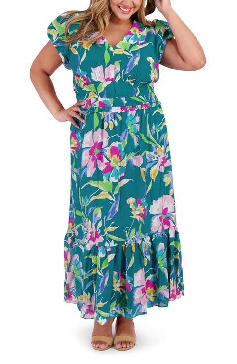 Floral V-Neck Elastic Waist Maxi Dress (Plus)