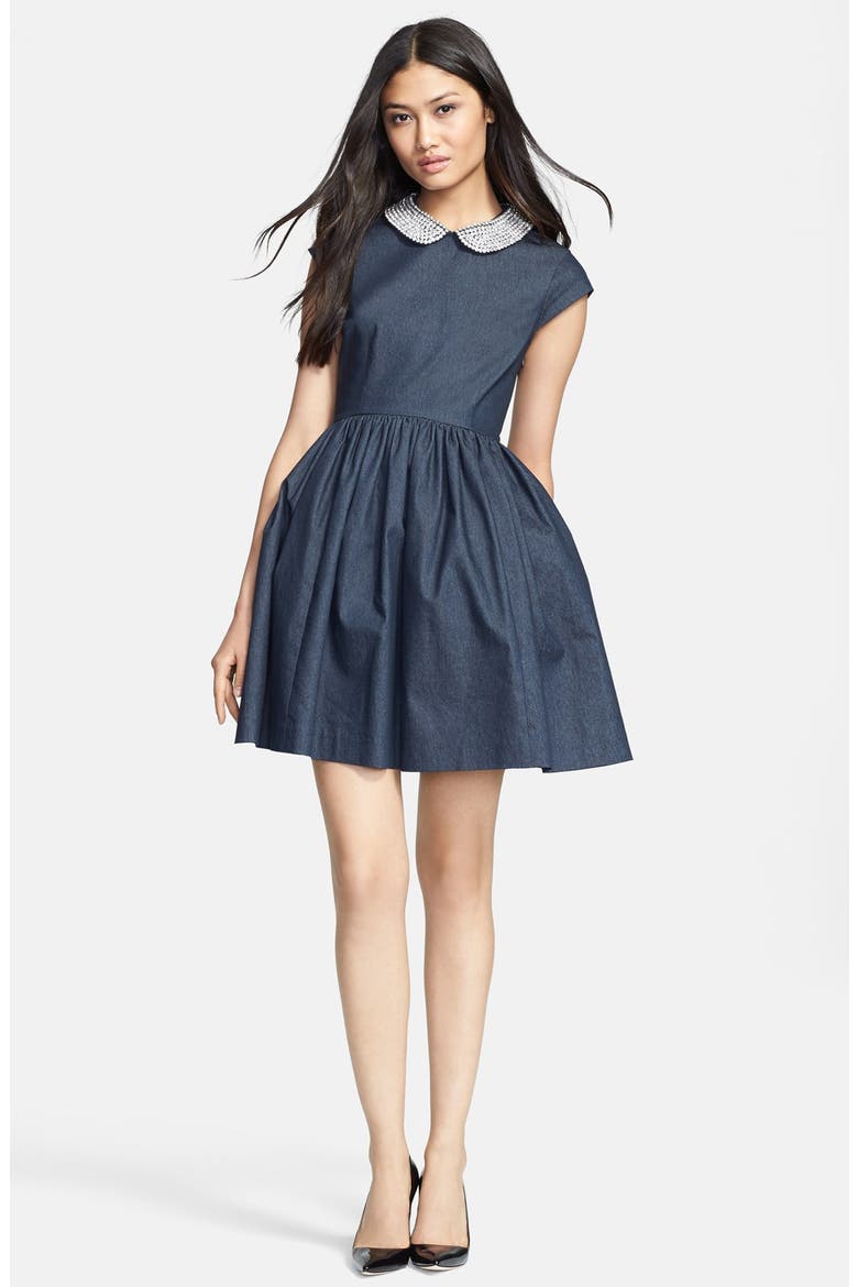 'kimberly' embellished denim fit & flare dress, Main, color, DARK BLUE