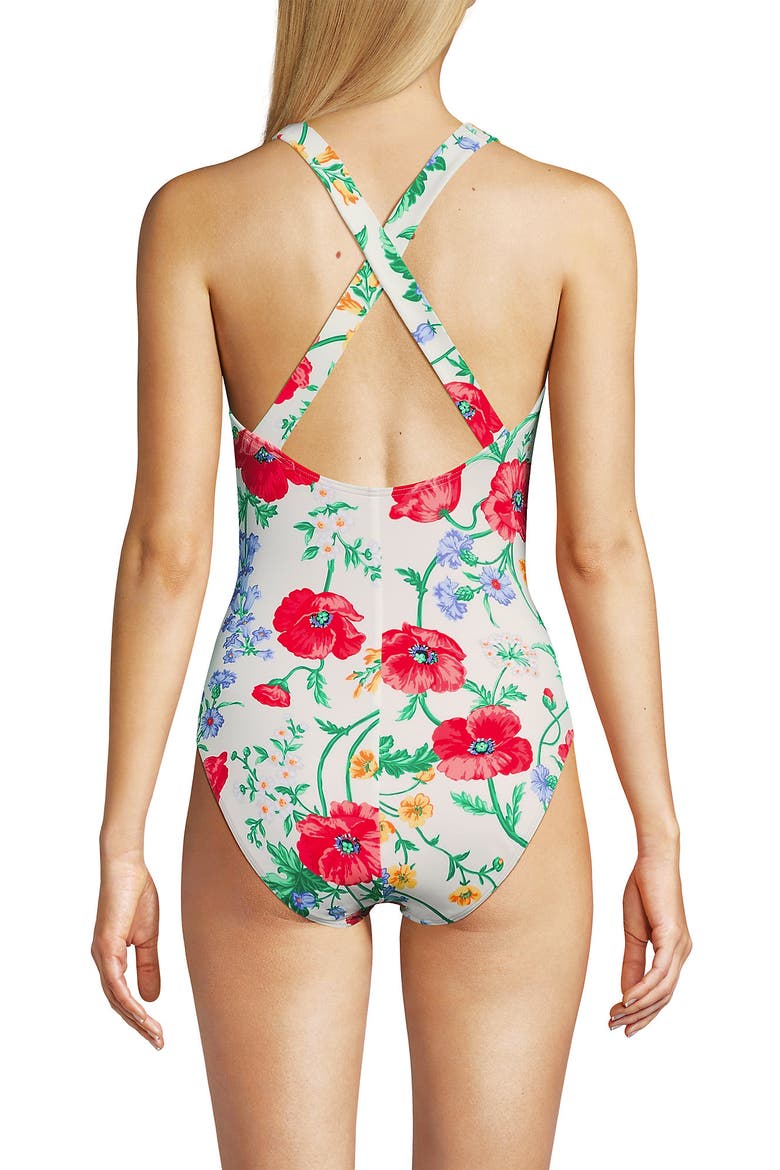 Chlorine Resistant Scoop Neck X-Back One Piece Swimsuit, Alternate, color, Egret/Poppy Floral