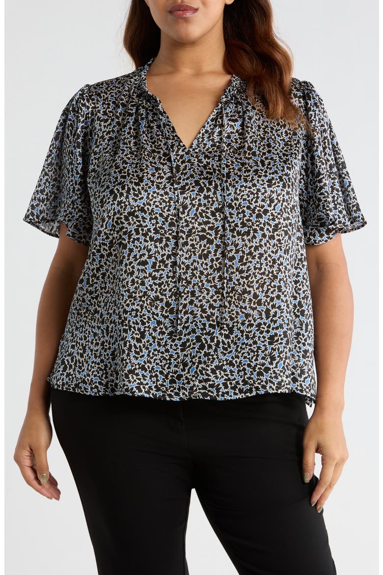 Floral Tie Neck Top, Main, color, CLASSIC BLUE