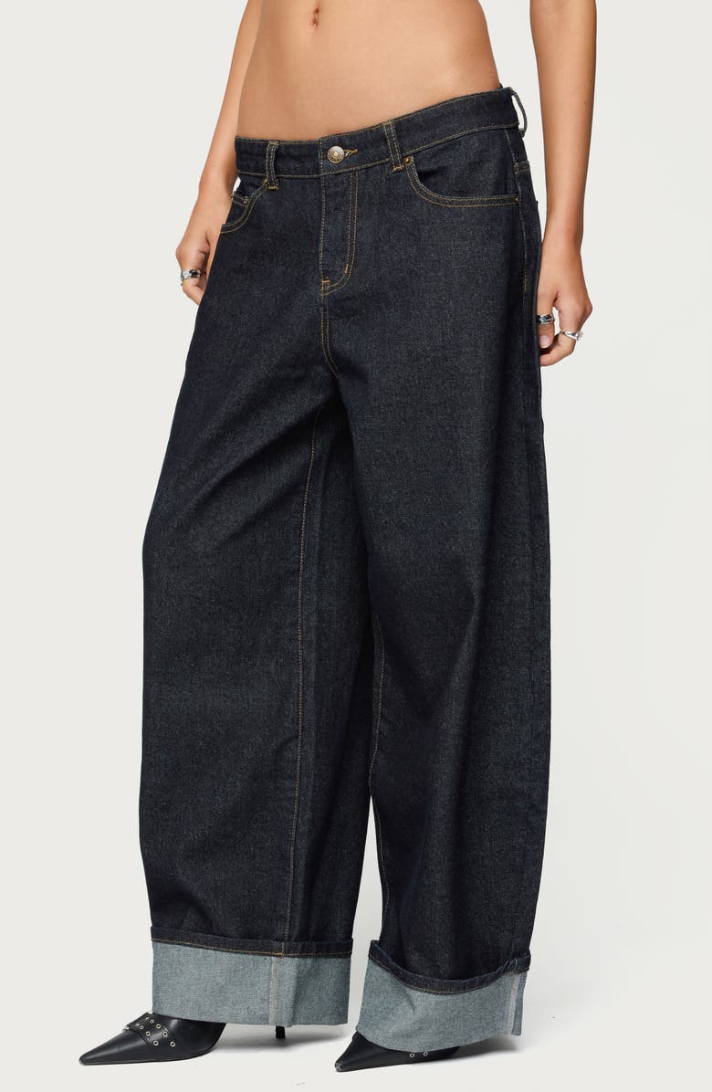 EDIKTED Kella Low Rise Baggy Wide Leg Cuffed Jeans, Alternate, color, Indigo-Blue-Raw-Wash
