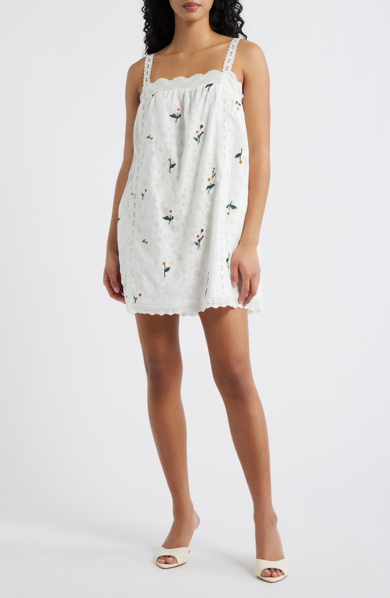 Line & Dot Marguerite Embroidered Eyelet Sleeveless Minidress, Main, color, Ivory Multi