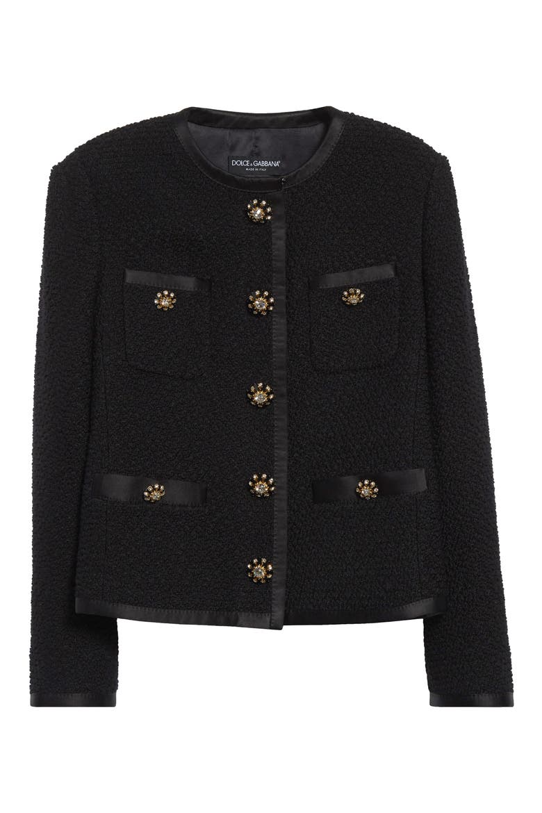 Bejeweled Button Crop Bouclé Tweed Jacket, Alternate, color, NERO