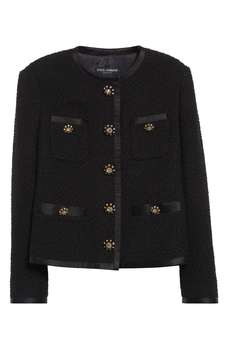 Dolce&Gabbana Bejeweled Button Crop Bouclé Tweed Jacket, Alternate, color, Nero