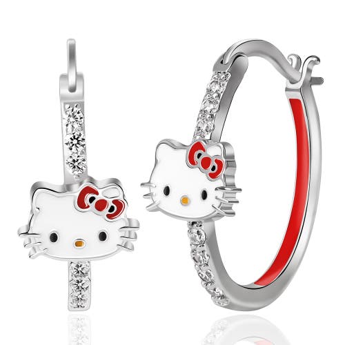 Hello Kitty Cubic Zirconia And Enamel Hoop Earrings In Silver
