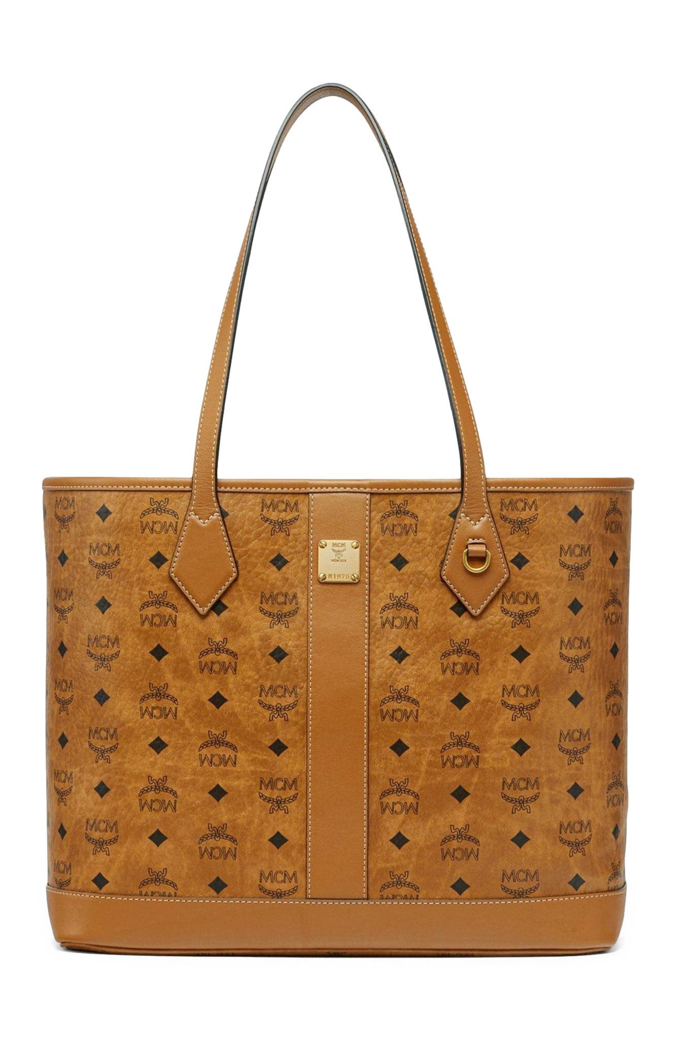 MCM New Medium Liz Shopper in Visetos, Main, color, Cognac