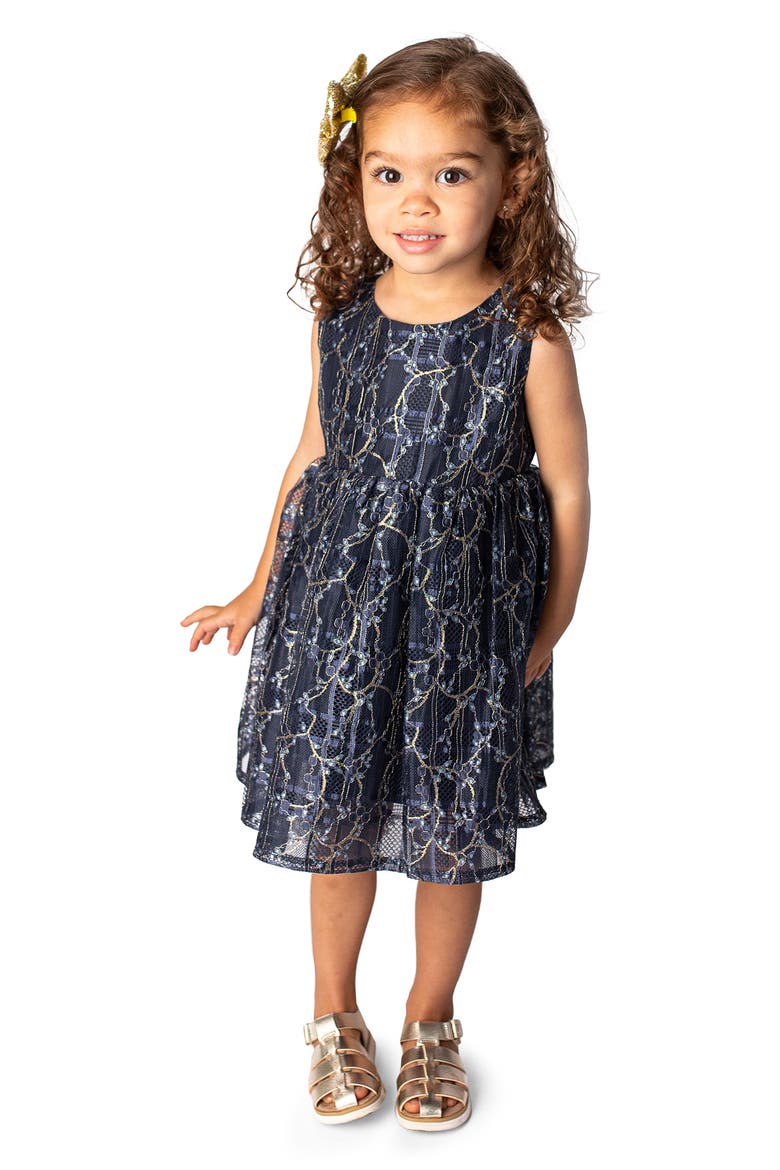 Metallic Lace Overlay Dress, Main, color, NAVY