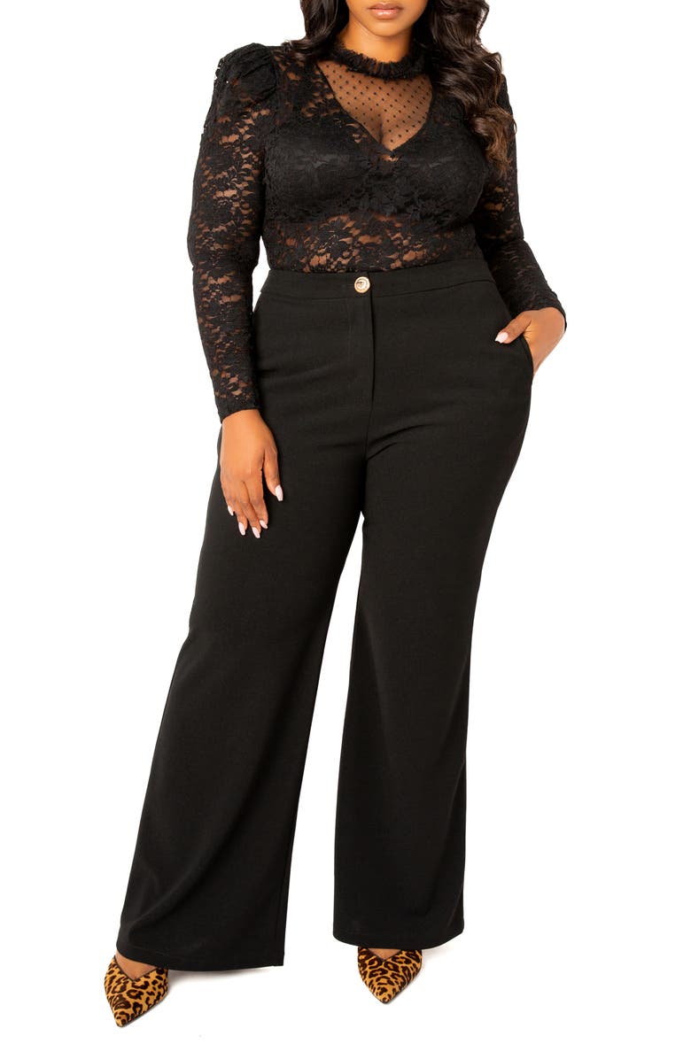 BUXOM COUTURE Sheer Stretch Lace Long Sleeve Bodysuit, Alternate, color, Black