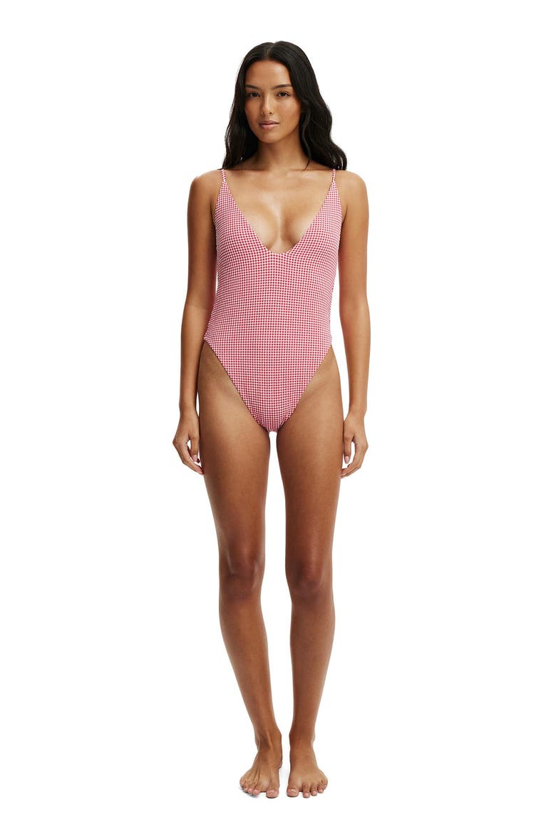 Women's Tie Back Strappy One Piece Brazilian, Alternate, color, Red Mini Gingham