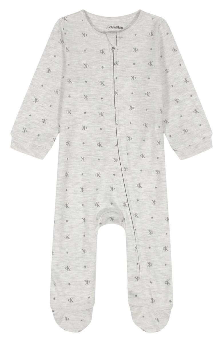 Calvin Klein Print Zip Footie, Main, color, Heather Grey