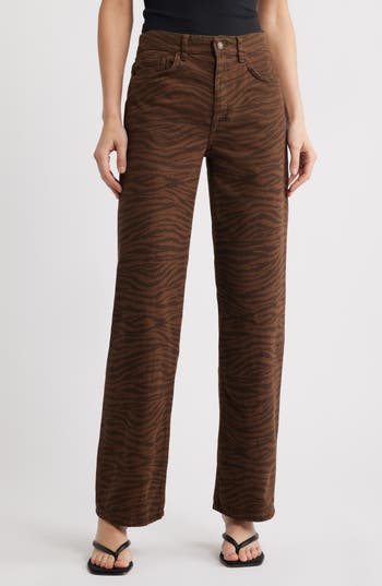 Mango Zebra Stripe High Waist Straight Leg Jeans In Brown