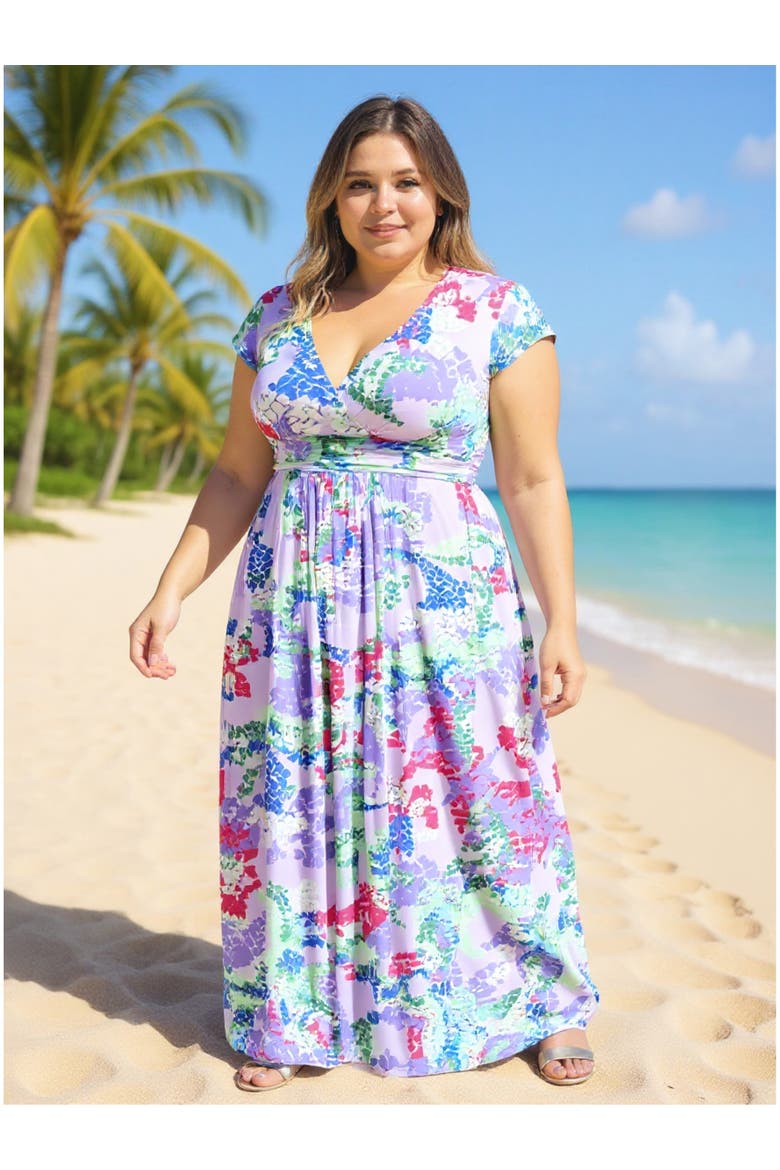 Plus Size Abstract V-Neck Cap Sleeve Side Slit Pocket A-Line Maxi Dress, Alternate, color, Purple Multi