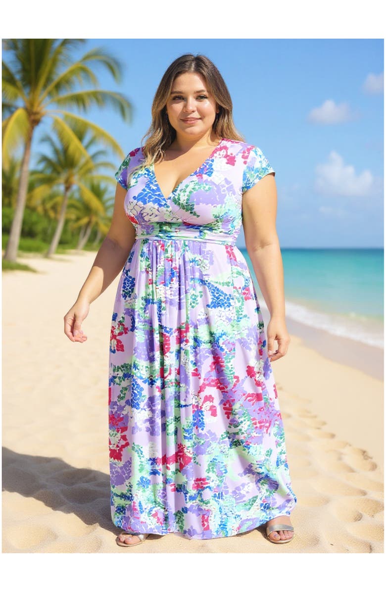 24seven Comfort Apparel Plus Size Abstract V-Neck Cap Sleeve Side Slit Pocket A-Line Maxi Dress, Alternate, color, Purple Multi