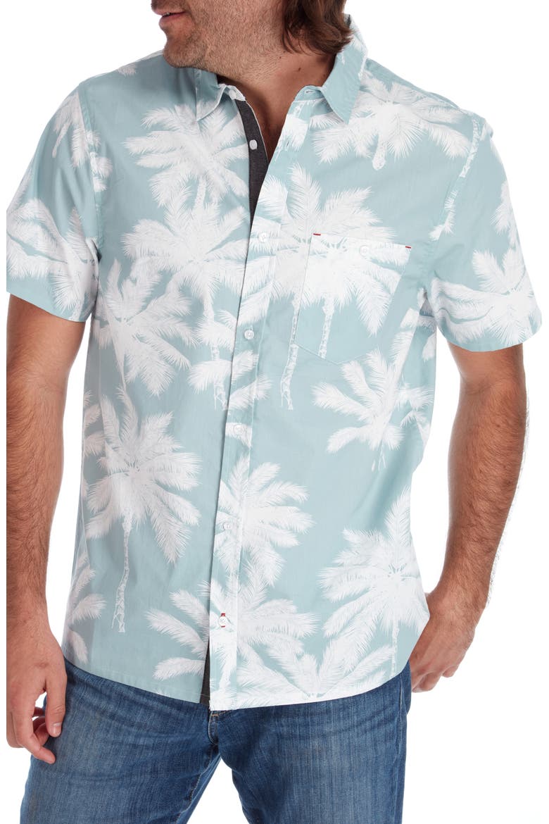 Palm Print Short Sleeve Button-Up Peached Cotton Poplin Shirt, Alternate, color, SEAFOAM