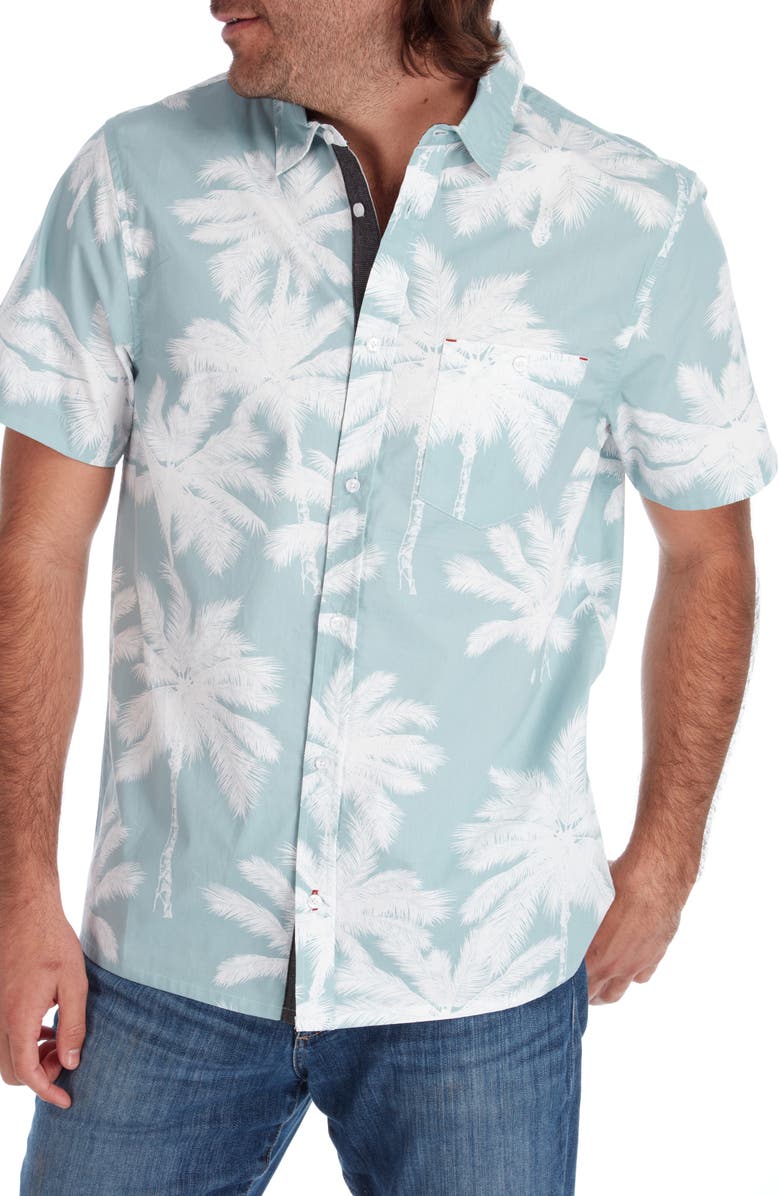 PX Palm Print Short Sleeve Button-Up Peached Cotton Poplin Shirt, Alternate, color, Seafoam