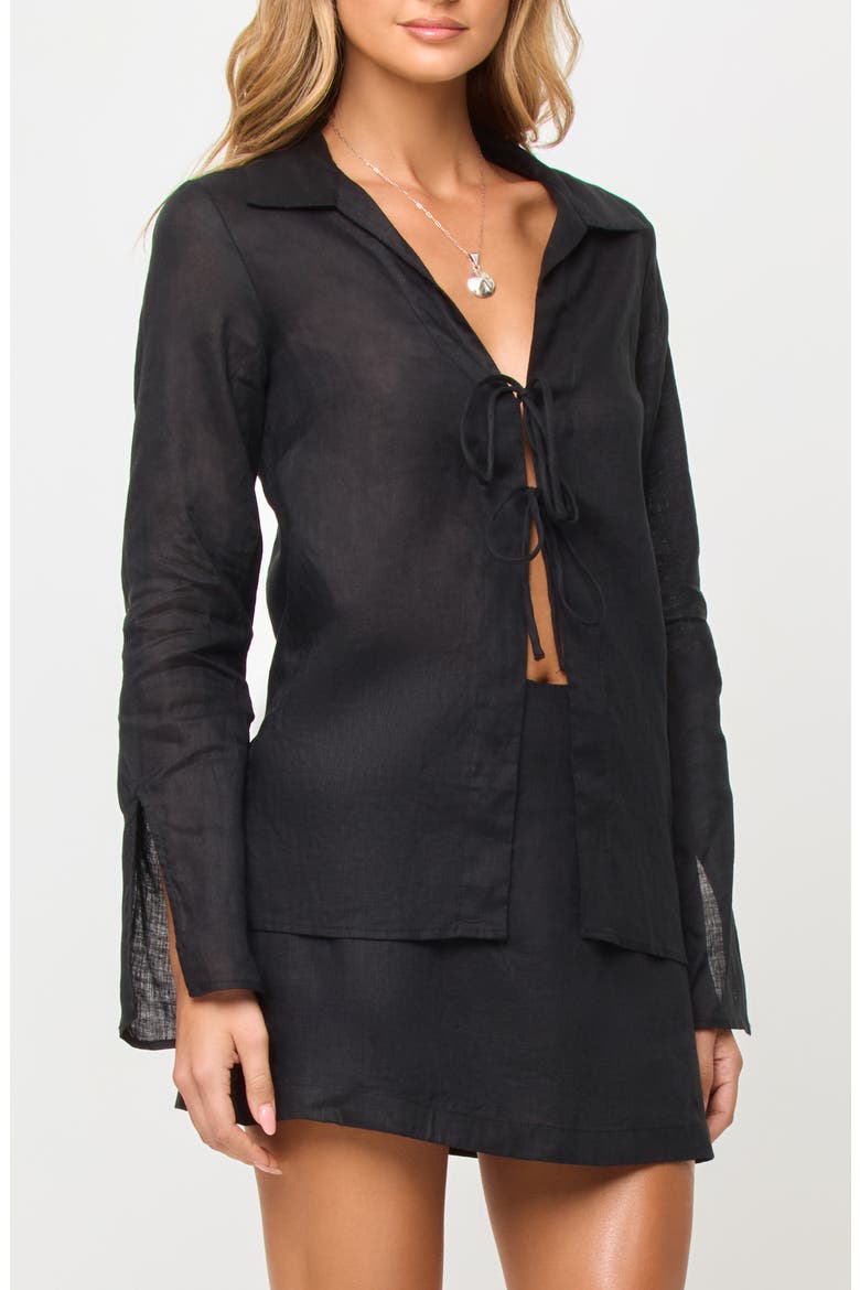 Venice Tie Front Linen Cover-Up Shirt, Alternate, color, BLACK