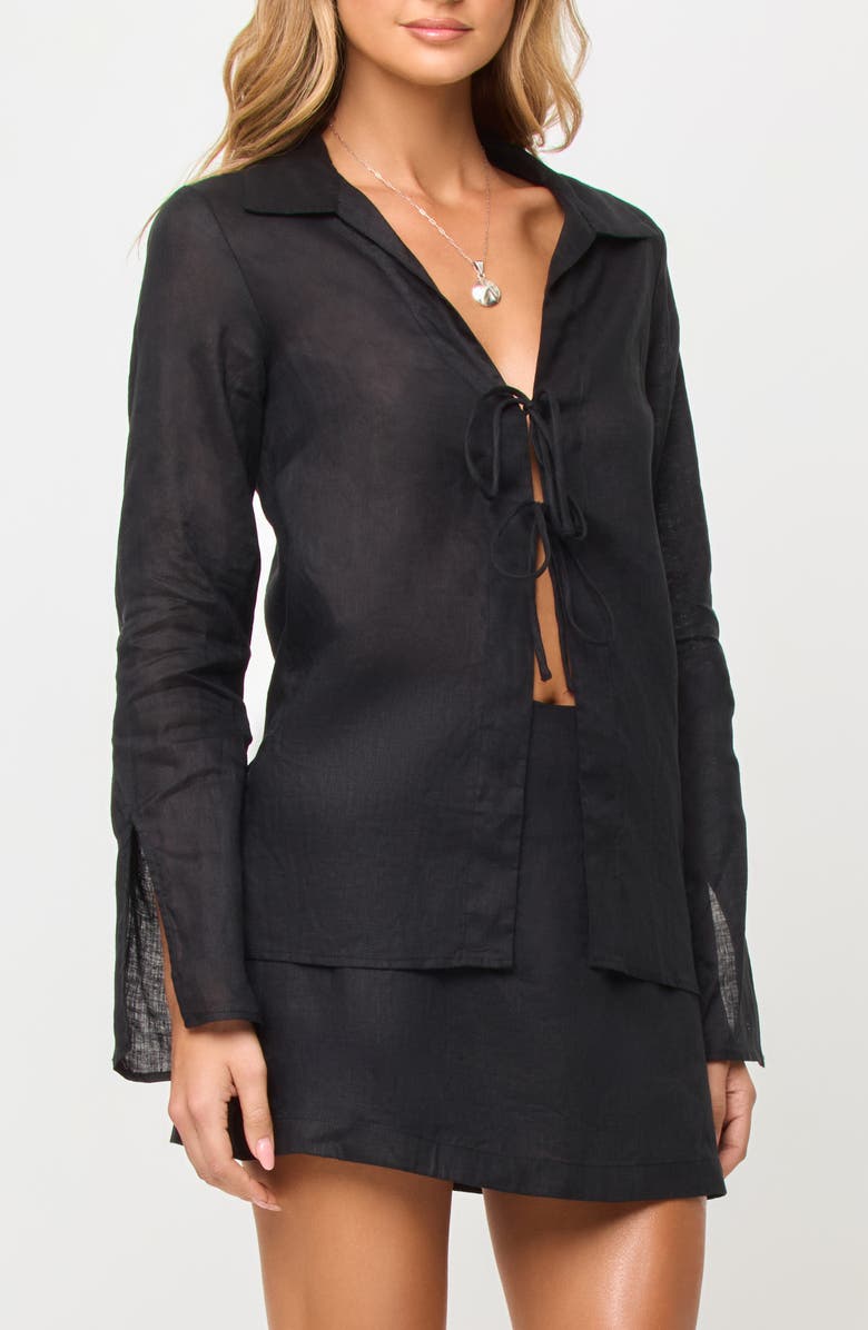 LSPACE Venice Tie Front Linen Cover-Up Shirt, Alternate, color, Black