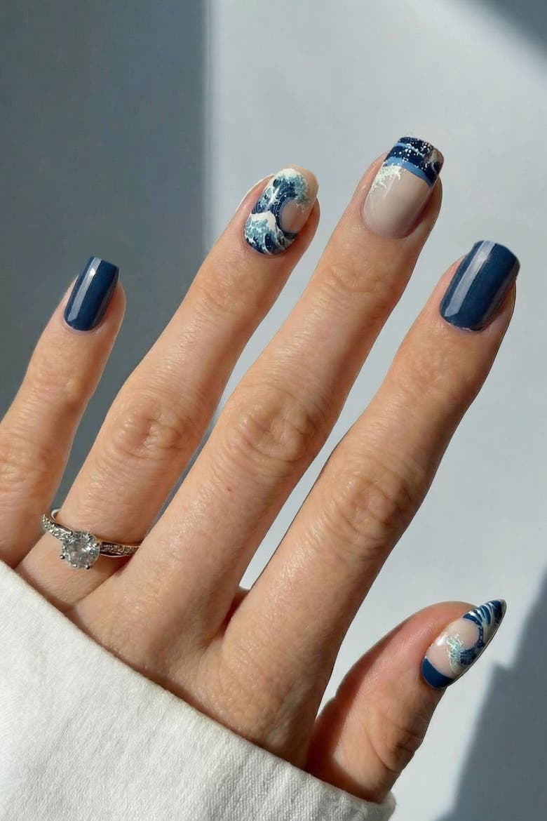 Katsushika Hokusai Great Wave Off Kanagawa Press On Nails, Alternate, color, Blue