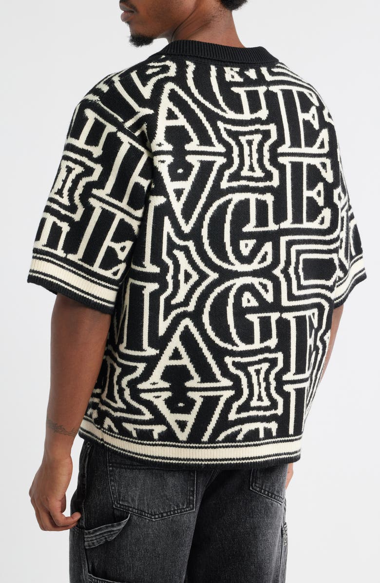 CRIMINAL DAMAGE Oversize Logo Jacquard Polo Sweater, Alternate, color, Black/Off White