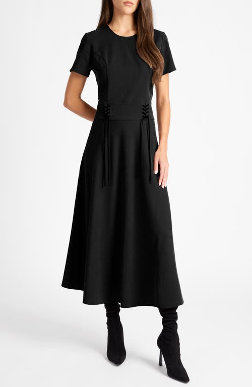 Santorelli Octavia Short Sleeve Dress With Leather Lacing Detail In Black