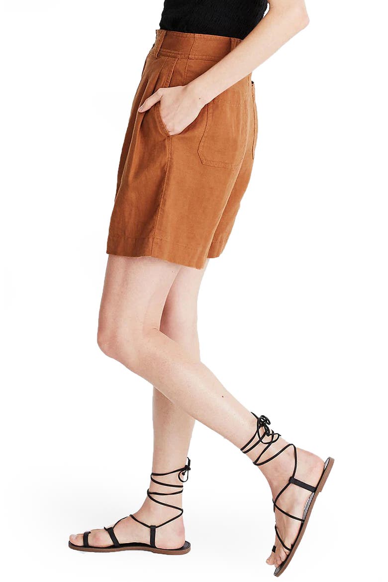 Long Pleated Linen Shorts, Alternate, color, WARM HICKORY