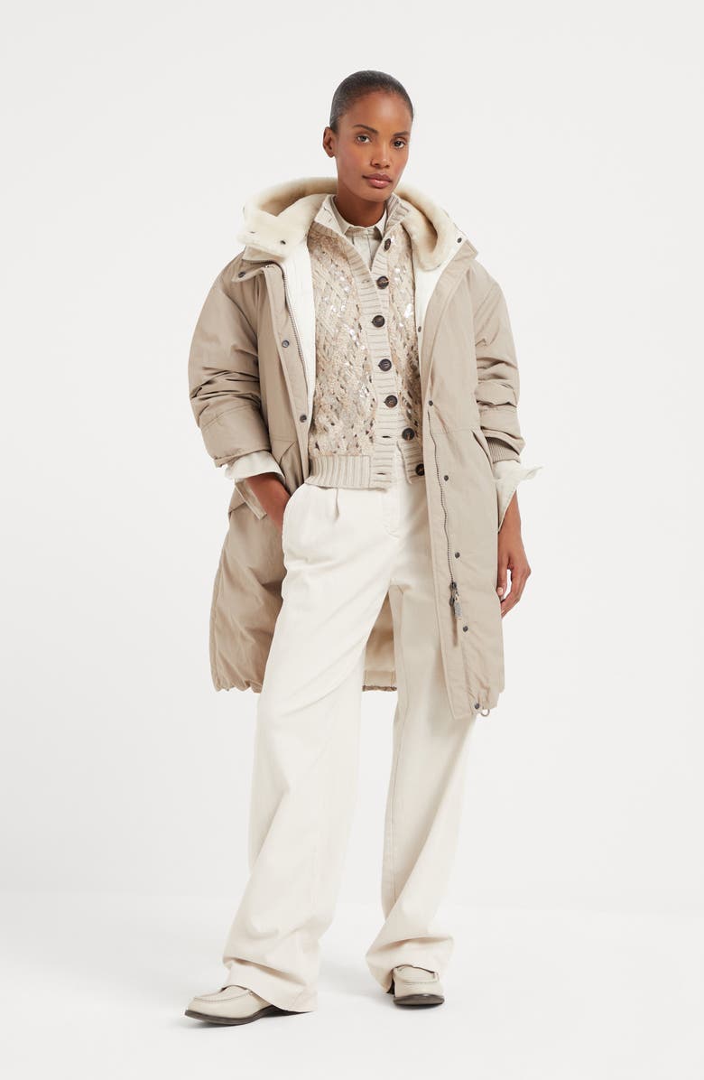 Brunello Cucinelli Water-resistant techno cotton down parka with detachable shearling insert, Alternate, color,