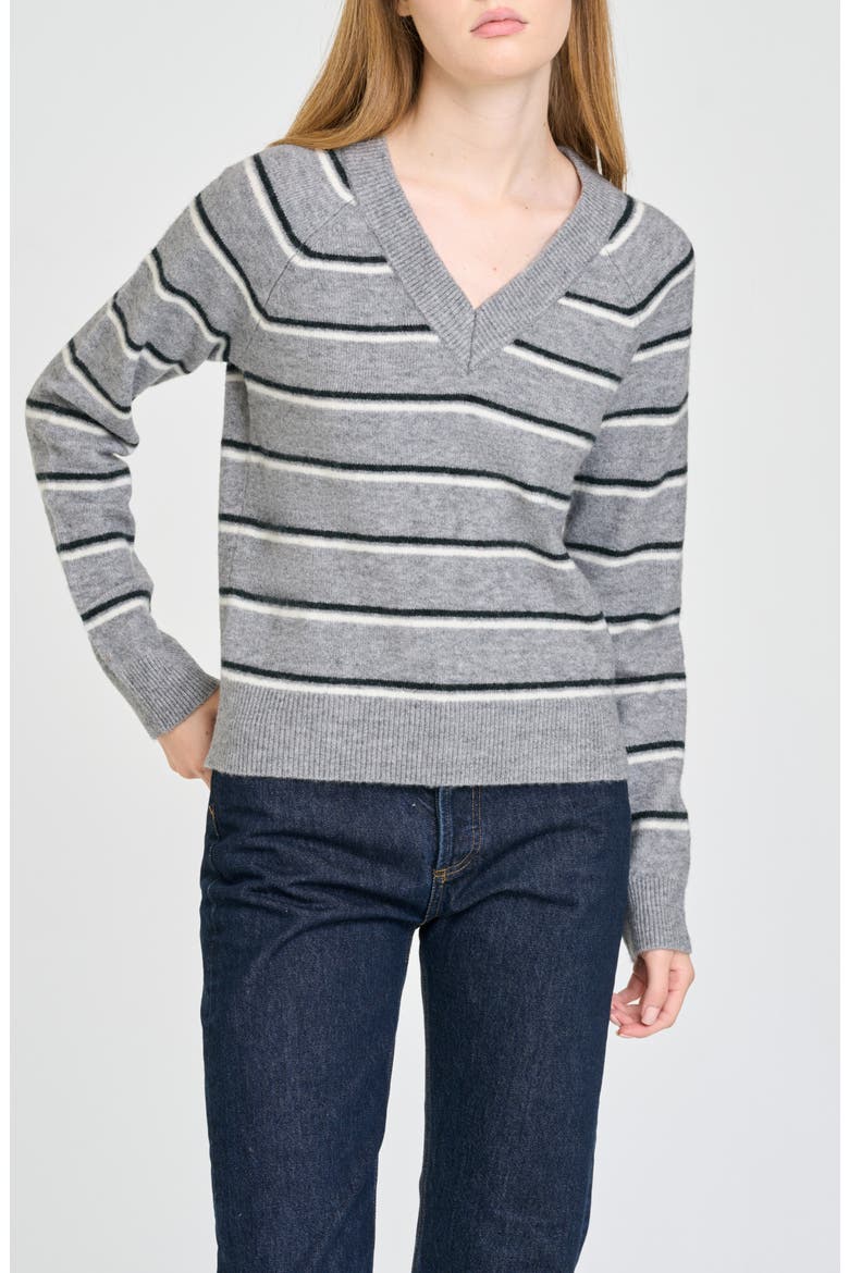 Quincy Striped V-Neck Sweater, Alternate, color, GREY/ IVORY