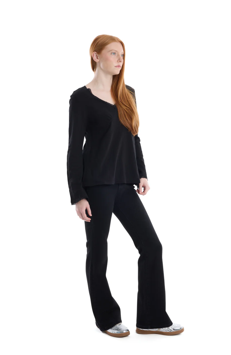 WILT Clothing V-Neck Long Sleeve Empire Seam Trapeze Tee with Lace Trims, Alternate, color, Black