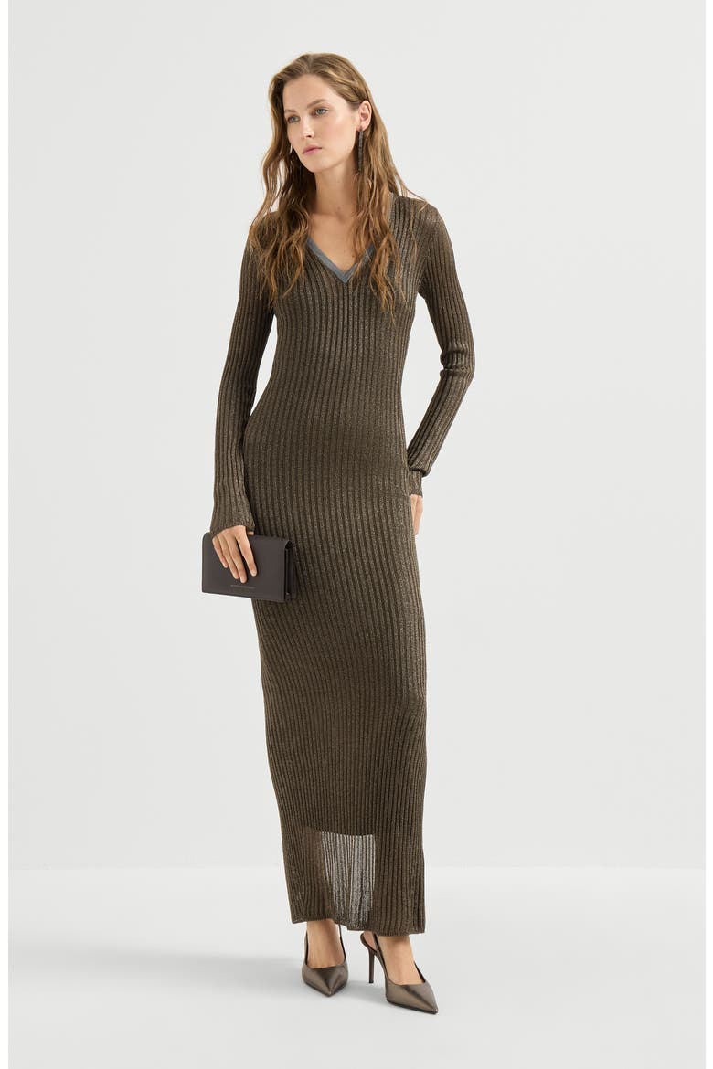 Sparkling rib knit dress with precious collar, Alternate, color, Coffee