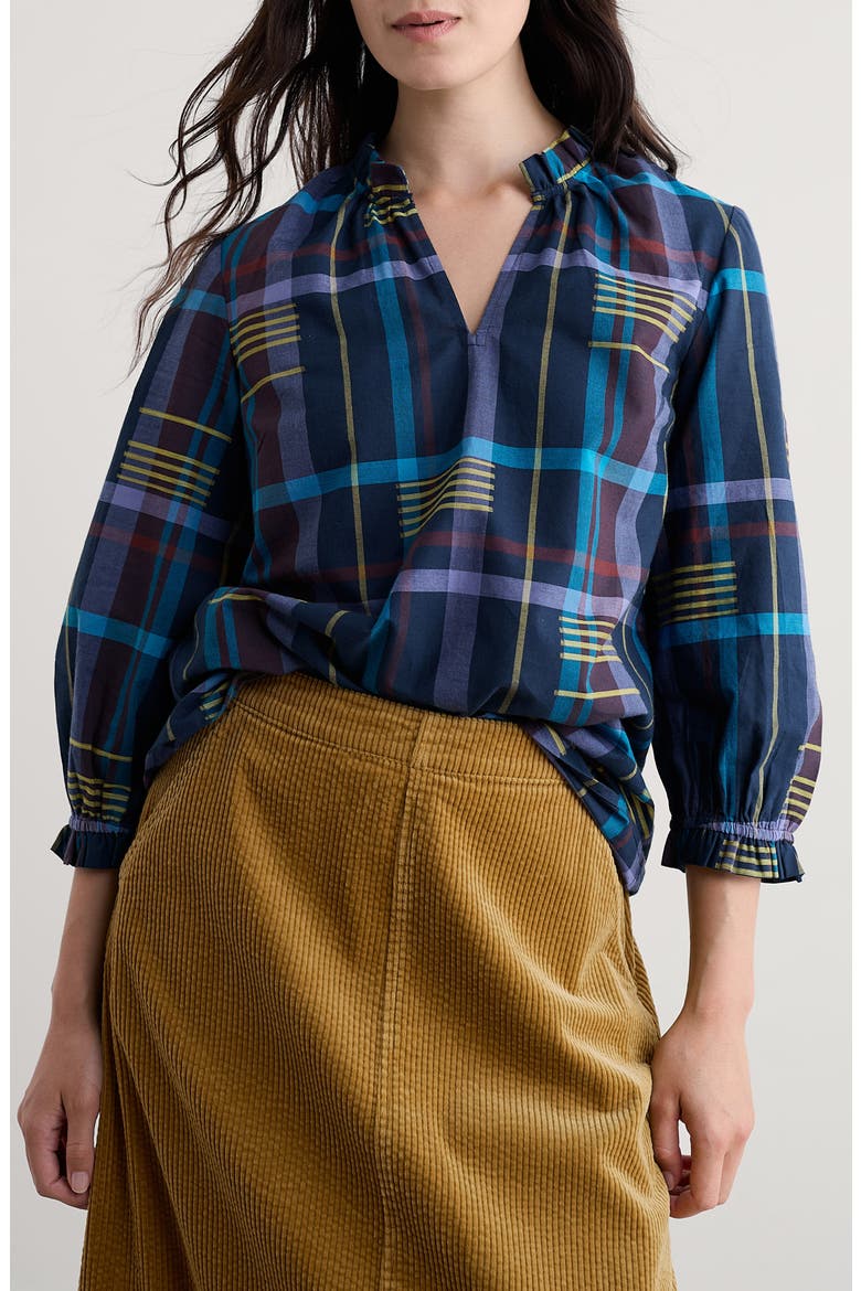 Aggie Ruffle Plaid Split Neck Shirt, Main, color, CHERRY TREE TEAL
