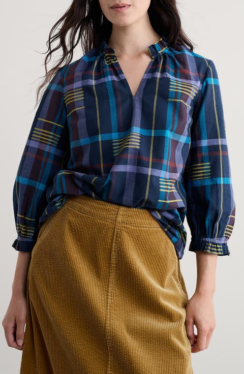 Aggie Ruffle Plaid Split Neck Shirt