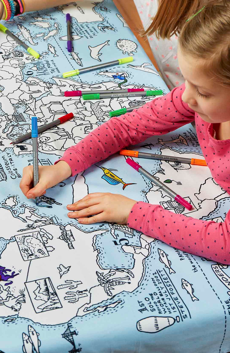 Eat Sleep Doodle World Map Tablecloth, Alternate, color, Light Blue