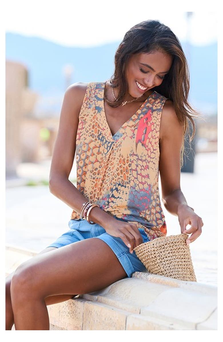 LASCANA Women's Printed V-Neck Tank Top, Alternate, color, Orange Multi