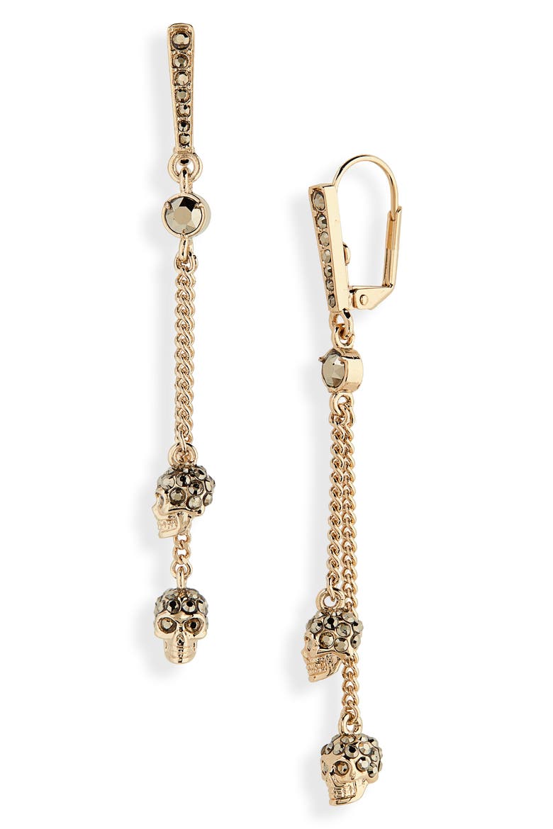 Alexander McQueen Double Skull Drop Earrings, Main, color, GOLD
