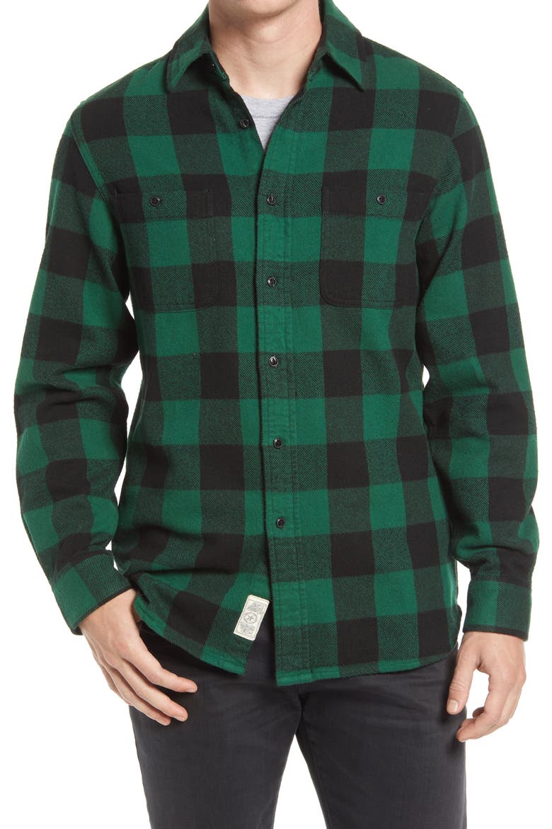 Buffalo Check Flannel Long Sleeve Button-Up Shirt, Main, color, GREEN