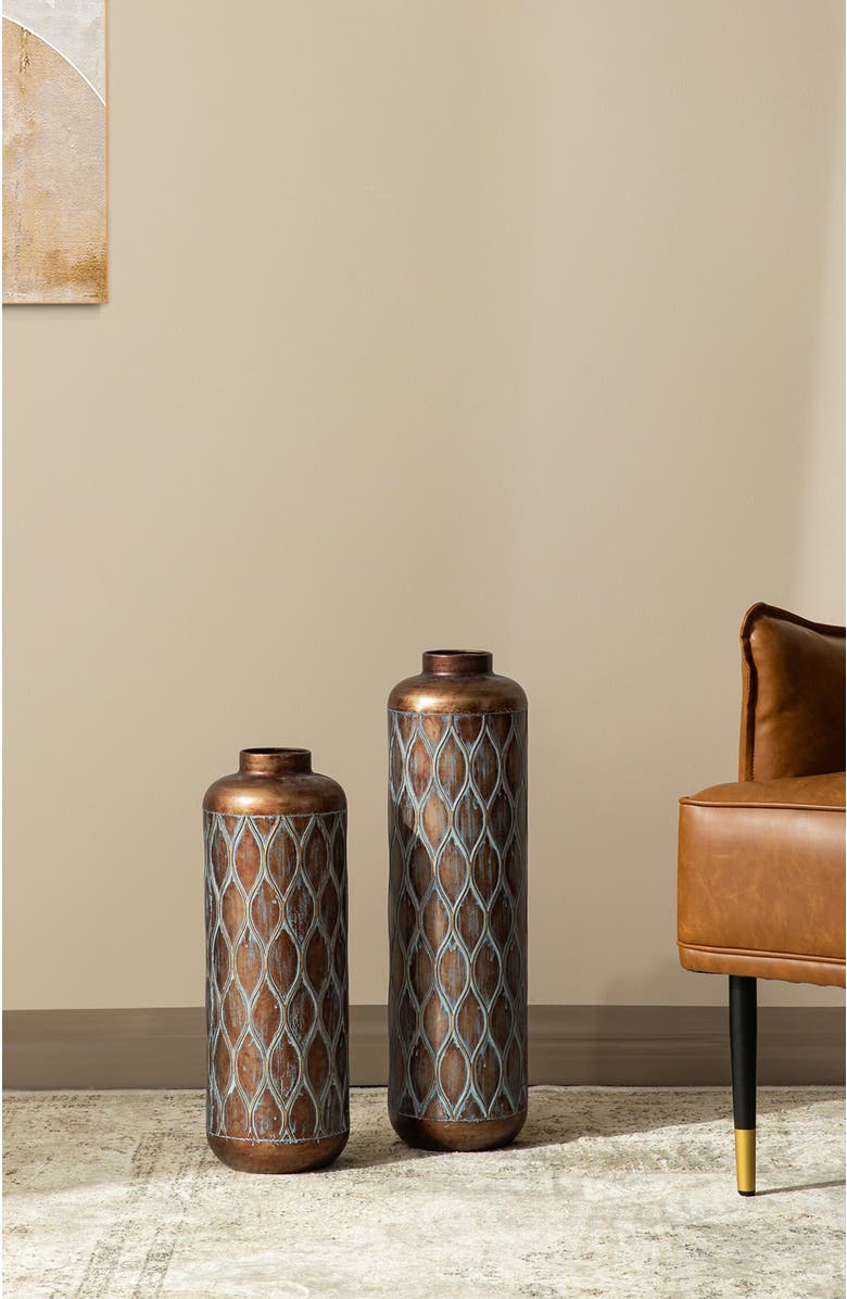 Glitzhome Set of 2 Metal Antique Cylinder Floor Decorative Vases, Alternate, color, Brown